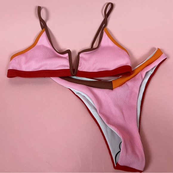 Pink Orange & Red Colour-Block Bikini Set - Picture 2 of 5